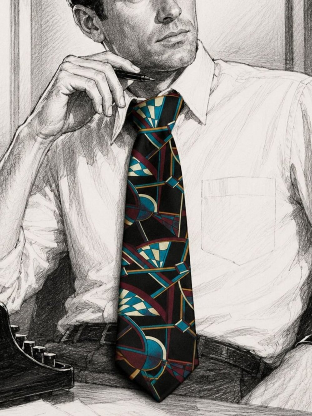 Vintage Damon Art Deco Geometric Wide Tie Black Teal Burgundy 1990s
